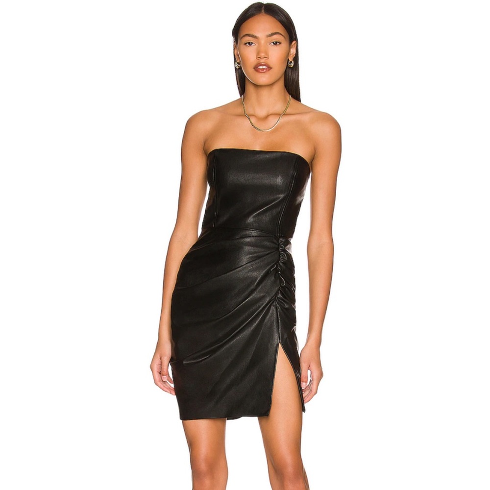 Amanda Uprichard Black Strapless Ruched Leather Mini Dress